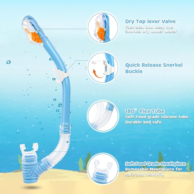 Dry Snorkel for Kids, Ultimate Snorkel Tube for Snorkeling, Freediving & Swimming, Easy-Breath Technology, Top-Mounted Dry Valve & Food-Grade Silicone Mouthpiece-StrideForce Fitness