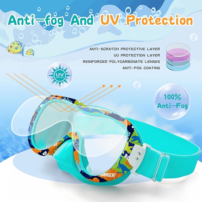 Kids Swim Goggles with Nose Cover, 180° Panoramic Snorkel Mask with Anti-Fog & Anti-Leak Design, Comfort Fabric Strap UV Protection Lens for Boys Girls Ages 3-15-StrideForce Fitness