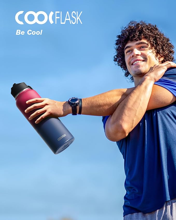 Water Bottle 40 oz Insulated with Straw&Brush, Coolflask Vaccum Stainless Steel Metal 3 Lids Water Flask for Sports, Gym or Office, Keep Cold 48H Hot 24H, Ombre Wine/Navy-StrideForce Fitness