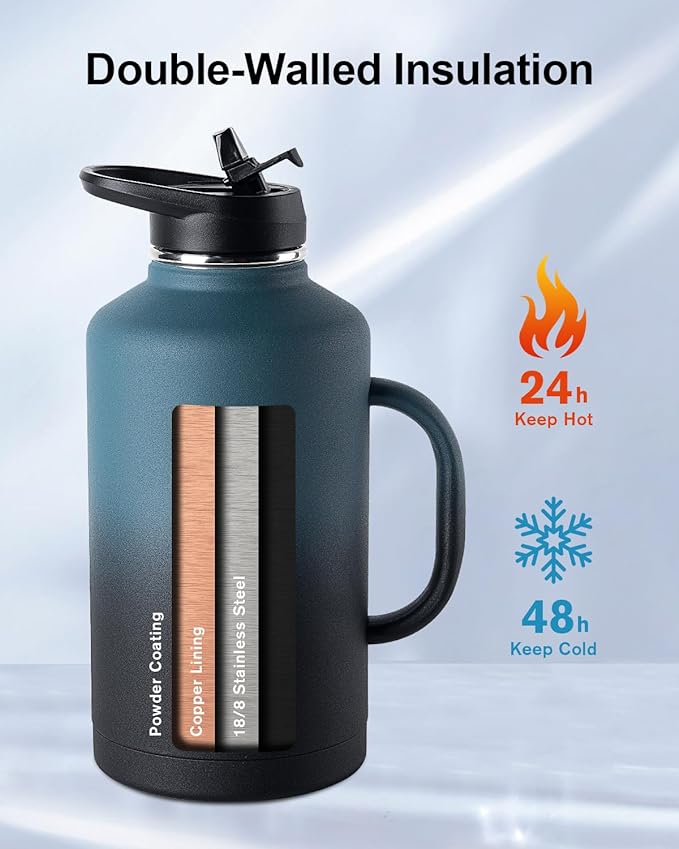 Trebo 64 oz Water Bottle Insulated with Handle, Half Gallon Stainless Steel Metal Large Jug, Travel Flask with Straw Spout Lid, Mug Tumbler Cup with Carry Pouch, Keep Cold Hot, Indigo Black-StrideForce Fitness