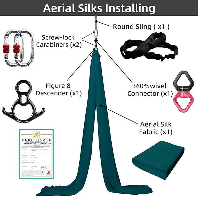 PRIOR FITNESS Aerial Silks Kit Colorful 9/15/20 Yards 40D Nylon Fabric Hammock Set With Hardware & Guide for All Levels Of Aerial Yoga Practice and Acrobatic Flying For Adults Aerial silk-StrideForce Fitness