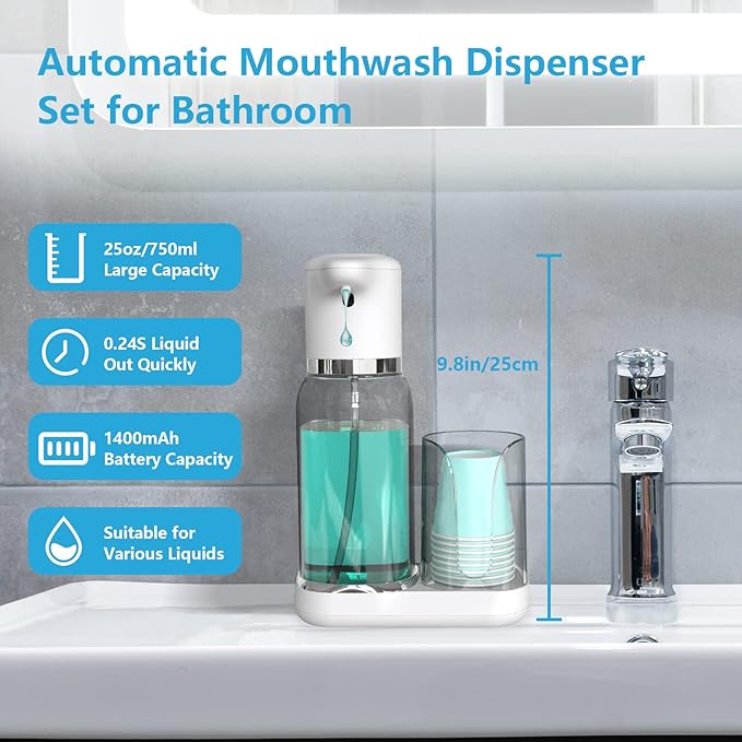 Luvan Automatic Mouthwash Dispenser for Bathroom, 25oz(750ml) Smart Mouthwash Dispenser with Cup Holder, Infrared Sensor and 2 Dispensing Levels, Rechargable Mouth Pumb Dispenser for All Age Groups