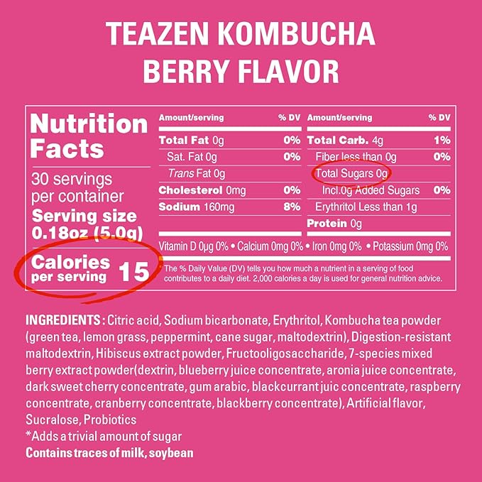 TEAZEN Berry Kombucha Tea, Hydration Drink Mix, Sugar Free, Live Probiotics & Prebiotics, 30 Sticks, 5.29oz-StrideForce Fitness