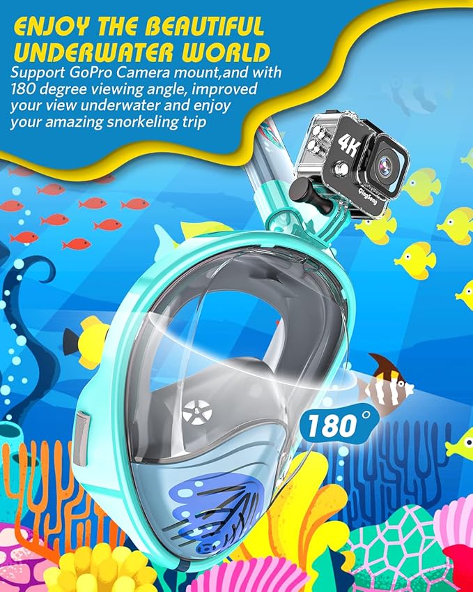 QingSong Kids Snorkel Mask Full Face, Snorkeling Set with Camera Mount, Foldable 180 Degree Panoramic View Snorkeling Gear Anti-Fog Anti-Leak-StrideForce Fitness