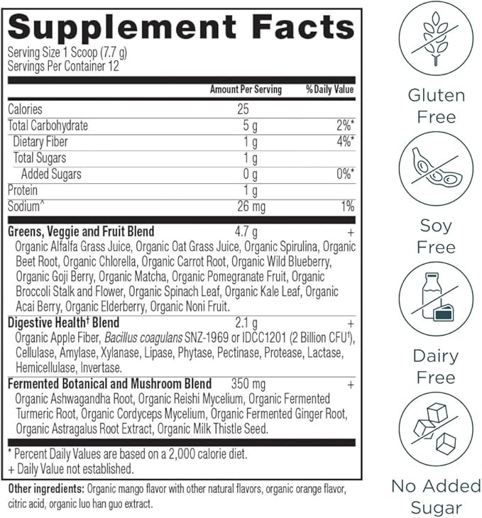 Ancient Nutrition SuperGreens Powder with Probiotics, Organic Mango Flavor Greens, Made from Real Fruits, Vegetables and Herbs, Digestive and Energy Support, 12 Servings, 3.3oz-StrideForce Fitness