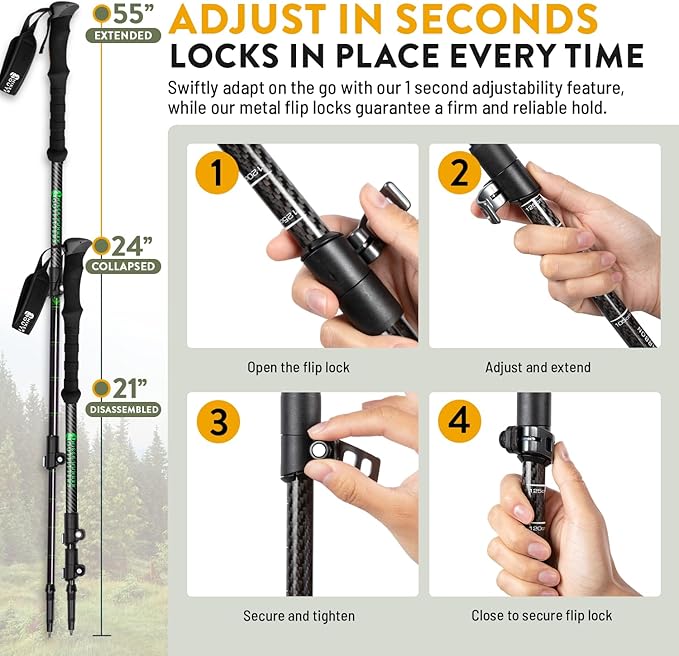 100% Carbon Fiber Trekking Poles by USA Brand - Ultra Strong Lightweight Collapsible Hiking Poles with Cork and EVA Foam Grips & Quick Adjustable Flip Locks-StrideForce Fitness