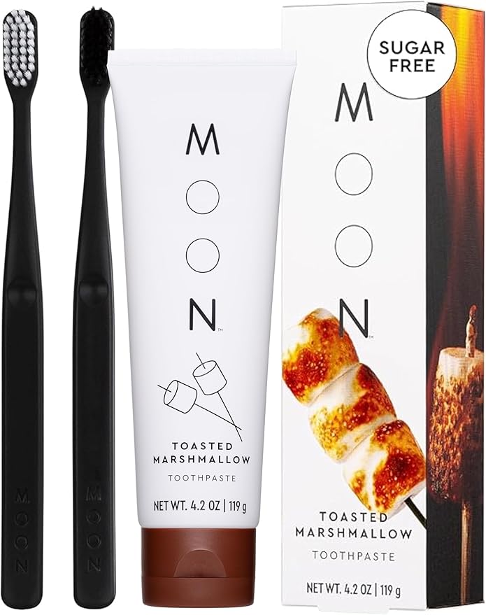 MOON Toothpaste, Toasted Marshmallow Flavor, 4.2 Oz, Plus Soft Bristle Toothbrush 2 Pack, No Fluoride or Sugar, Gentle on Enamel, Gums & Teeth, Whitening Toothpaste for Adults & Children 2 Years+