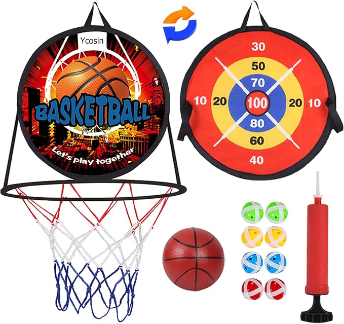 2 in 1 Basketball Hoop and Dart Board, 14" Dart Board for Kids, Basketball Hoop for Kids Toddlers, Sports & Outdoor Play, Birthday Gift Toys for 3 4 5 6 7 8 9 10 Year Old Boys Girls Kids, Party Favors-StrideForce Fitness