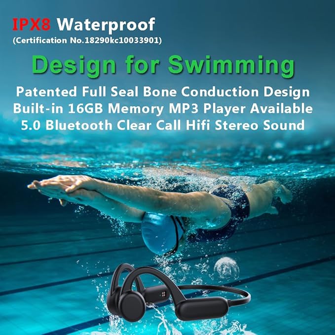 IHAO Swimming Headphones True Bone Conduction Open Ear Headset MP3 Player Built-in 32G Memory IP68 Underwater Waterproof Stereo Bluetooth Earphone for Driving Bicycling Running Skiing-X18 Black-StrideForce Fitness