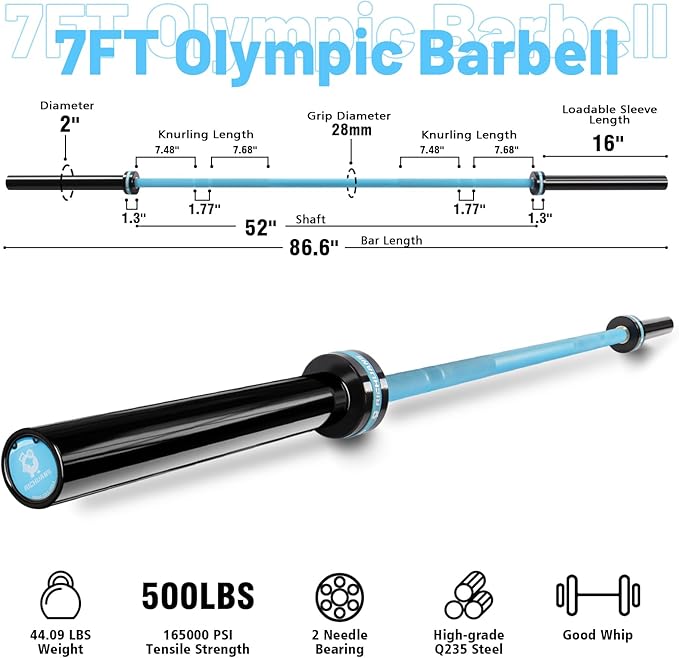Olympic Barbell 45lb (20kg) - 7ft Bearing Spin Bar for Weightlifting and Strength Training,Ceramic Coating,500 LBS Capacity,28mm High Whip,Fits 2" Plates,for Home Gym-StrideForce Fitness
