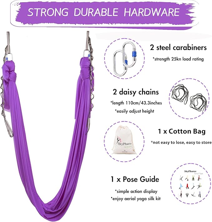 5.5 Yards Aerial Silks Yoga Swing Set - Aerial Yoga Hammock Kit Anti-Gravity Flying for Fitness, Low/Non Stretch Nylon Tricot Fabric Hardware Included for Dance-StrideForce Fitness
