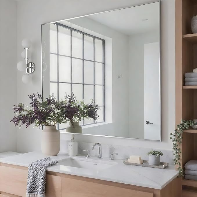 30x36 Inch Nickel Bathroom Mirror for Wall, Aluminum Frame Rectangle Rectangular Vanity Mirror, Modern Large for Bedroom, Living Room, Horizontal or Vertical-StrideForce Fitness