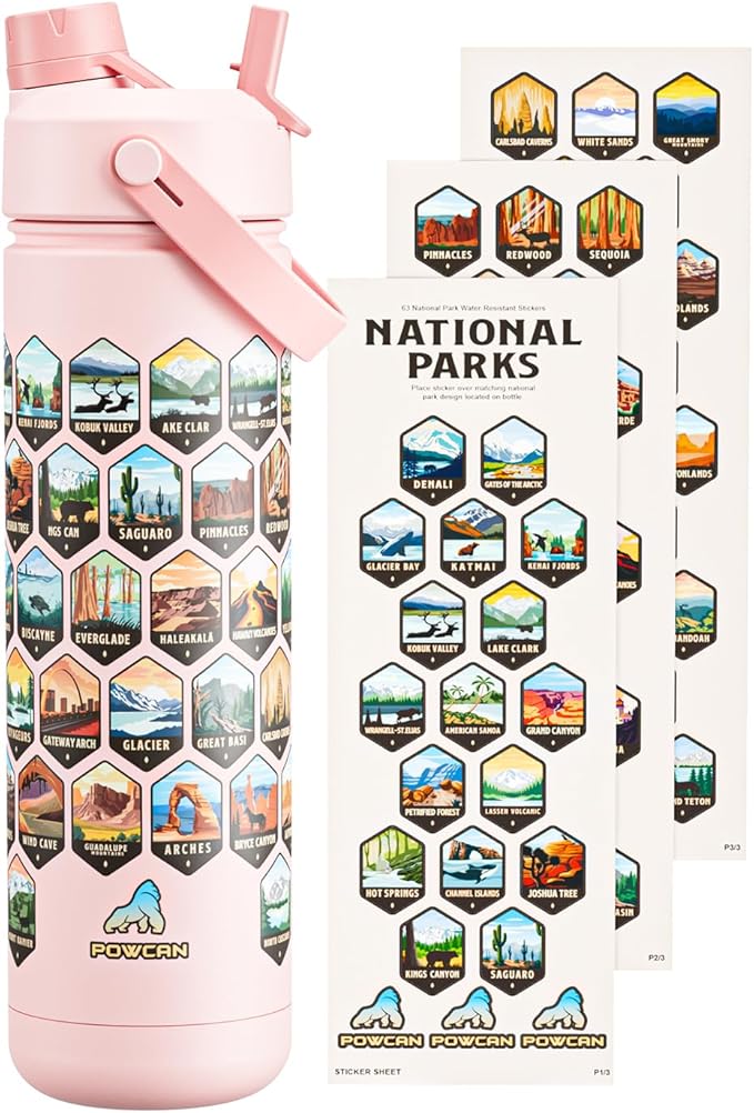 26 oz National Parks Water Bottle with Waterproof Stickers: 2-in-1 Straw Spout Lid, Keep Cold 24H, Leakproof, Car CupHolder Friendly, Insulated Stainless Steel Cup for Travel, Sports, School (Pink)-StrideForce Fitness