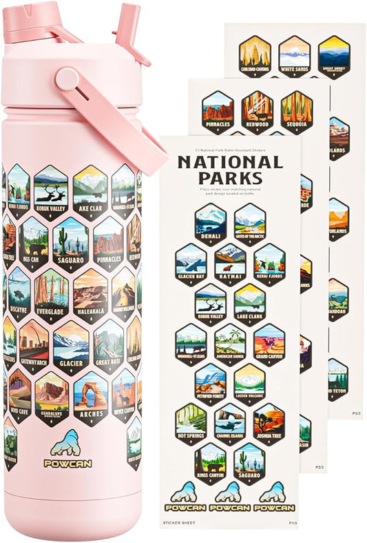 26 oz National Parks Water Bottle with Waterproof Stickers: 2-in-1 Straw Spout Lid, Keep Cold 24H, Leakproof, Car CupHolder Friendly, Insulated Stainless Steel Cup for Travel, Sports, School (Pink)-StrideForce Fitness