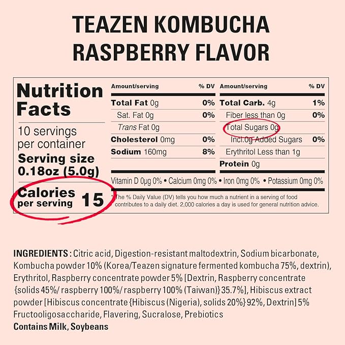 TEAZEN Raspberry Kombucha Tea, Hydration Drink Mix, Sugar Free, Live Probiotics & Prebiotics, 10 Sticks, 1.76oz-StrideForce Fitness