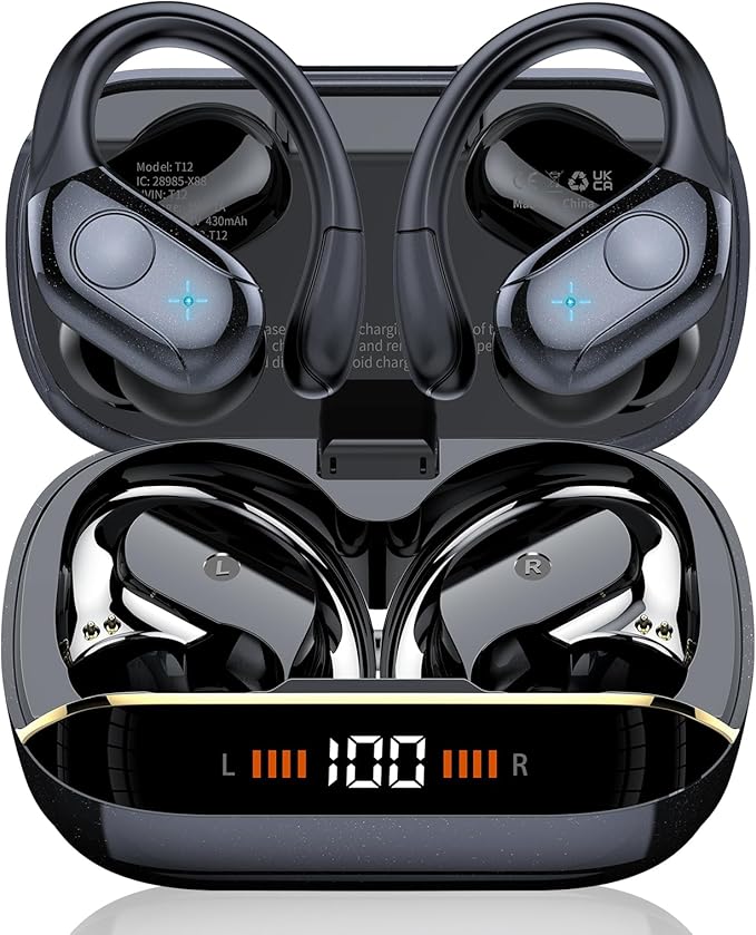 Wireless Earbuds Bluetooth 5.4 Headphones Sports, 75H Stereo Deep Bass Over Ear Buds with Earhooks, Bluetooth Earbuds with 4 ENC Mic, LED Display, IP7 Waterproof Earphone for Running, Black-StrideForce Fitness