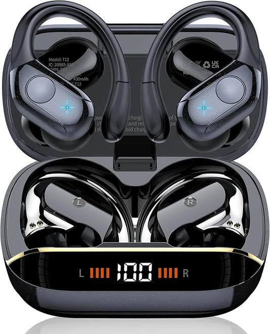 Wireless Earbuds Bluetooth 5.4 Headphones Sports, 75H Stereo Deep Bass Over Ear Buds with Earhooks, Bluetooth Earbuds with 4 ENC Mic, LED Display, IP7 Waterproof Earphone for Running, Black-StrideForce Fitness