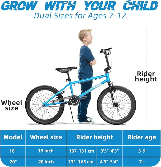 67i Boys BMX Bike 18/20 Inch Ages 8-12 Kids Bicycle with Front Rear U Brake Adjustable Seat Iron Fork 2.09" Wide Tires-StrideForce Fitness