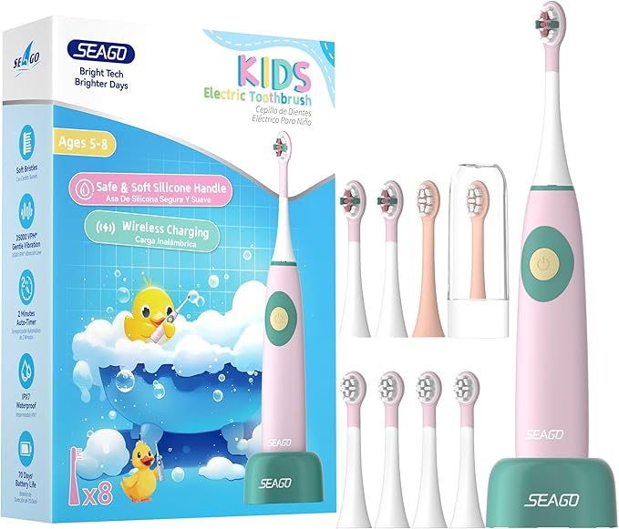 SEAGO Kids Electric Toothbrushes for Ages 5-8 with 2 Sizes Soft Brush Heads, Soft Silicone Handle, 2-Min Timer, IPX7 Waterproof, 35000VPM, Rechargeable 70 Day Battery Life with Charging Base (Pink)