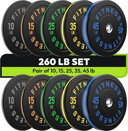 Rubber Weight Plates, Olympic Bumper Plate Set 2-Inch, 45/100 / 160/190 / 260/300 lb Barbell Weights for Home Gym, Colored Standard Strength Training Plates for Weightlifting-StrideForce Fitness