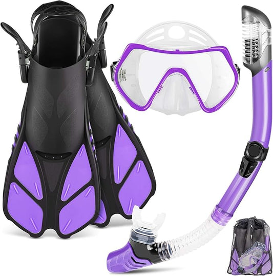 ZEEPORTE Mask Fin Snorkel Set, Travel Size Snorkeling Gear for Adults with Panoramic View Anti-Fog Mask, Trek Fins, Dry Top Snorkel and Gear Bag for Swimming Training, Snorkeling Kit Diving Packages-StrideForce Fitness