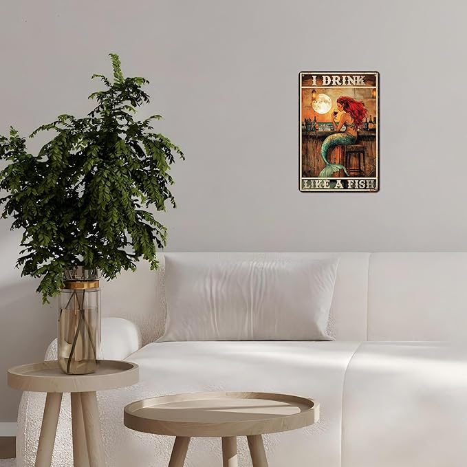 Vintage Mermaid Tin Sign I Drink Like A Fish Retro Wall Decor Decorations for Home Funny Wine Lover Nostalgic Metal Poster Indoor Store Cafe Toilet Kitchen Garden Bar Pubs Man cave 12 * 8inch-StrideForce Fitness