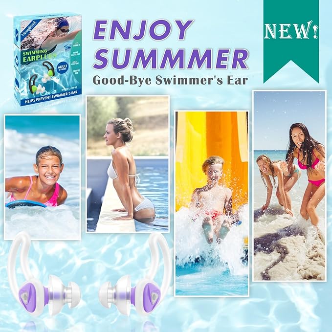 Hearprotek [2 Pairs] Swimmer Ear Plugs, Custom-fit Water Protection Adult Swimming earplugs for Swimmers Pool Shower Bathing and Other Water Sports (Purple)-StrideForce Fitness