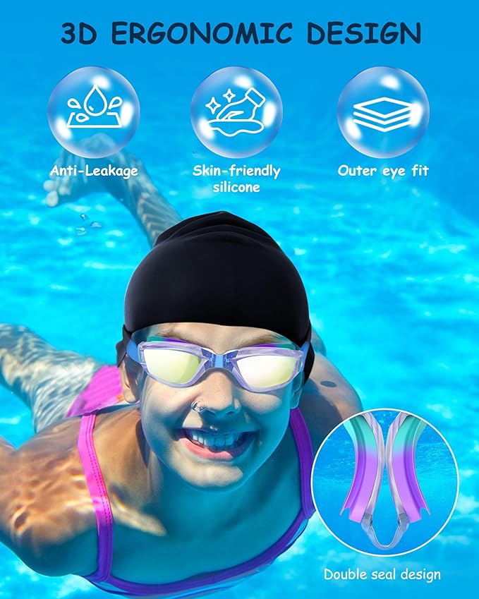 Kids Swim Goggles, Swimming Goggles for Kids Toddlers 3-14 with Swim Cap, Nose Clip, Nose Bridge, Ear Plugs-StrideForce Fitness