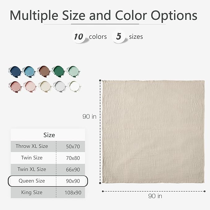 Carriediosa 100% Cotton Muslin Throw Blanket 90" X 90" Queen Size，4-Layers Summer Gauze Throws for Bed Couch，Soft Lightweight Breathable Linen Blankets Bedspread for Adults All Season，Khaki-StrideForce Fitness