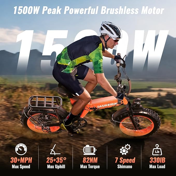 Folding Electric Bike for Adults, 20'' 1500W Peak Fat Tire Ebike, Up to 70 Miles 30+MPH Electric Mountain Bike with 52V 20AH Removable Battery, Dual Suspension, 7-Speed,UL Certified-StrideForce Fitness