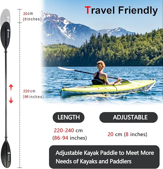 Adjustable Kayak Paddle with Carbon Shaft and PP Blade Available in 220-230/220-240/230-250cm Floating Lightweight Kayak Oars with Original Pattern-StrideForce Fitness
