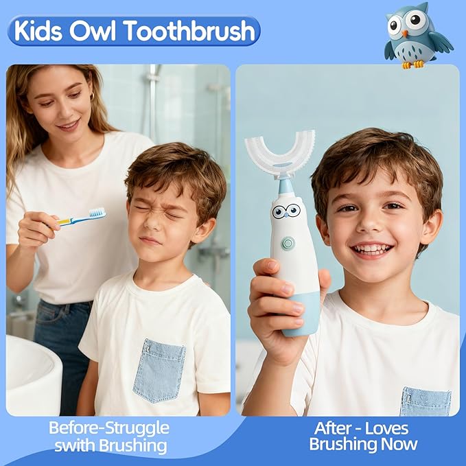 Kids Electric Toothbrush，360-Degree Sonic Vibration, IPX7 Waterproof,Toddler U Shaped Toothbrush with 2 Soft Brush Head,Cute Owl Design Baby Toothbrush for Ages 8–13（Blue）