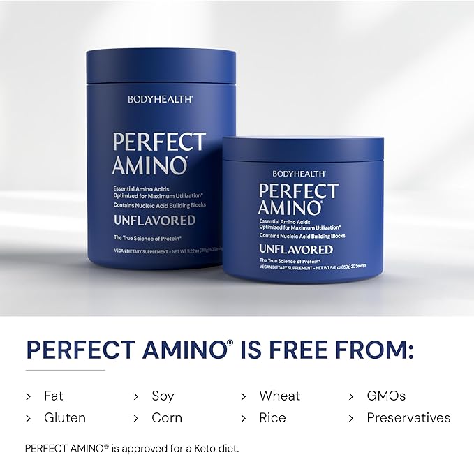 BodyHealth PerfectAmino Powder - BCAA and EAA Powder for Pre and Post Workout - Amino Acid Energy Drink for Men and Women to Support Lean Muscle and Recovery - Unflavored - 60 Servings-StrideForce Fitness