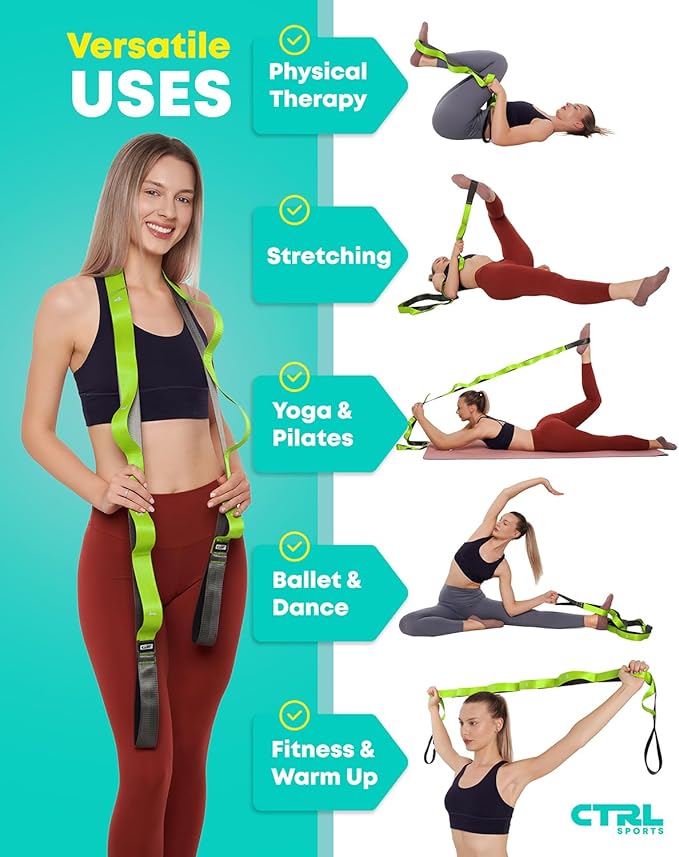 Stretching Strap with Loops - Non Elastic Stretch Band for Physical Therapy, Yoga Strap for Stretching Equipment, Stretch Bands for Exercise and Flexibility - Fascia, Hamstring & Leg Stretcher Belt-StrideForce Fitness