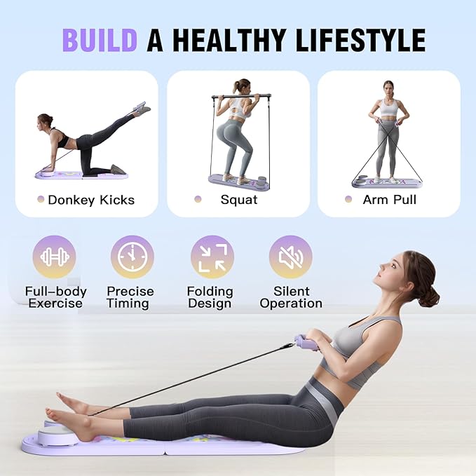 Pilates Reformer Board, 6 in 1 Portable & Foldable Pilates Reformer Set with Resistance Bands, Pilates Board for Home Workout, Multifunctional Abdominal Board-StrideForce Fitness