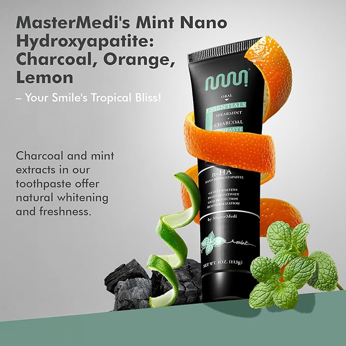 MasterMedi Nano Hydroxyapatite Toothpaste (Inspired by 10% nHA Formulas), Fluoride-Free, Charcoal Whitening, Sensitive Teeth Care, Enamel Support, SLS-Free, Xylitol, Citrus Mint, 4 Oz (Pack of 1)