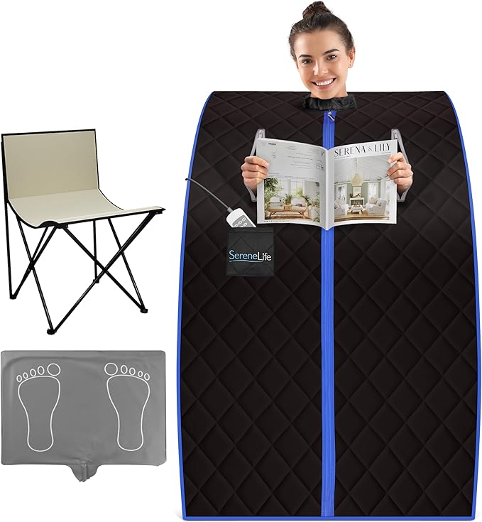 SereneLife Compact & Portable Infrared Steam Sauna, Personal Spa Style Sauna for at-Home Relaxation and Rejuvenation, Easy Access Sit-in Design, Foldable Chair, Energy Efficient, Foot Pad Heating Mat-StrideForce Fitness