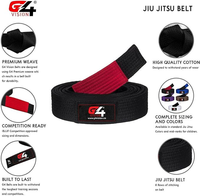 G4 VISION Jiu Jitsu Belt BJJ Belts Brazilian Adult A1 A2 A3 A4 Black Brown Purple Blue White-StrideForce Fitness
