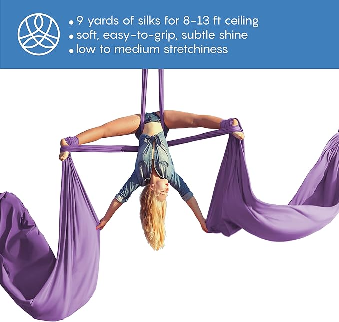 Aerial Silks Starter Kit - Durable 9 Yards of Aerial Yoga Hammock with Hardware & Guide - Aerial Swing for Acrobatic Flying Yoga & All Levels (Aerial Rigging Point Up to 13ft)-StrideForce Fitness
