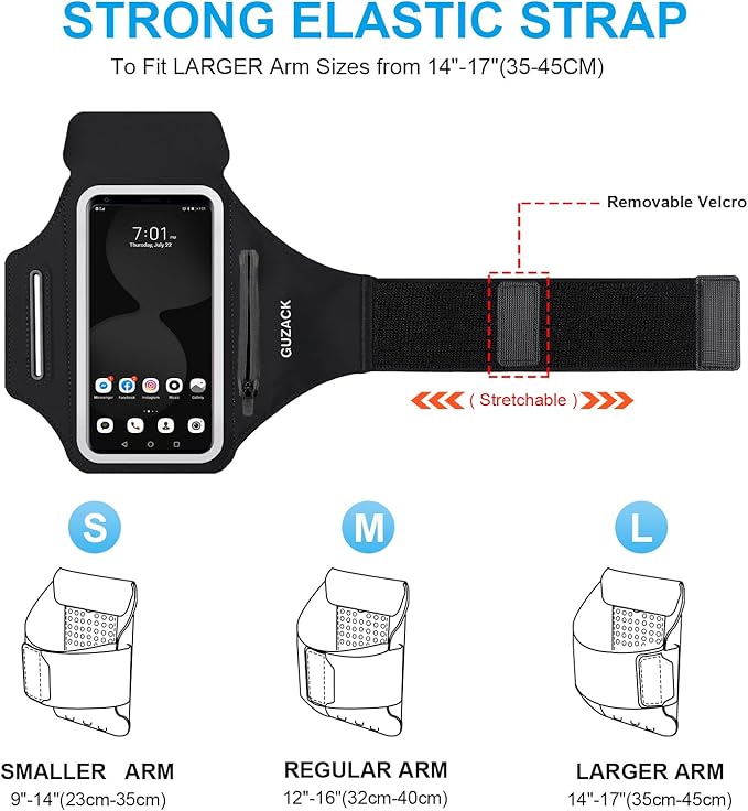 GUZACK Running Phone Holder with Zipper Pouch, Running Armband for iPhone 16/15/14/13/12/11 Pro Max/Plus, Galaxy S25/S24/S23/S22, Cell Phone Arm Holder with Card Slot - Size L (Bigger Arm 14-17 in)-StrideForce Fitness