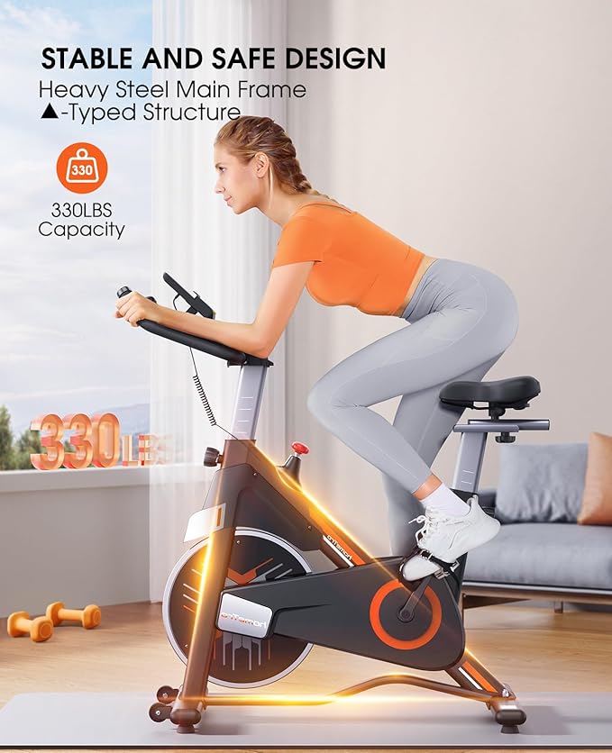 Stationary Exercise Bikes,Magnetic Resistance,Quiet Belt Drive Indoor Stable Cycling Bike 330LBs for Home, Monitor & Phone Mount & Comfortable Seat-StrideForce Fitness