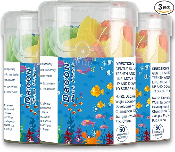 Kids Flossers, Kids Dental Floss Picks Without Fluoride, Unflavored, 4 Colors Ocean Animals Shaped Makes Flossing Fun, 50 Count (Pack of 3)