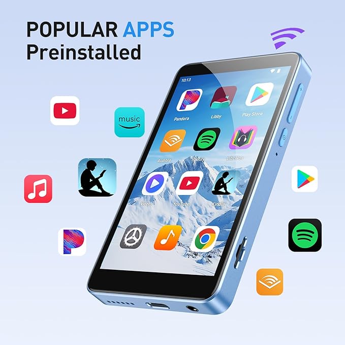 AGPTEK 96GB MP3 Player with Bluetooth and WiFi, T08X 4'' Android 14 MP4 Music Player with Spotify, Audible, APP Store, Up to 1TB, Blue-StrideForce Fitness