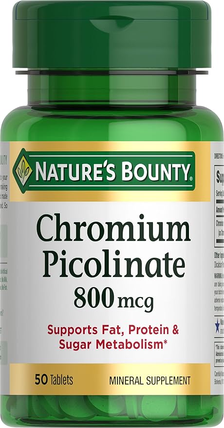 Nature's Bounty Chromium Picolinate, Supports Fat, Protein & Sugar Metabolism, Mineral Supplement, 800 mcg, 50 Tablets-StrideForce Fitness