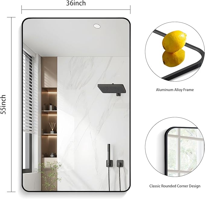 FORBATH Large Bathroom Mirror 36 x 55 Inches，Black Large Wall Mirror Aluminum Frame Wall Mounted Rounded Corner Morndern Mirror for Bathroom Bedroom Entryway Living Room-StrideForce Fitness