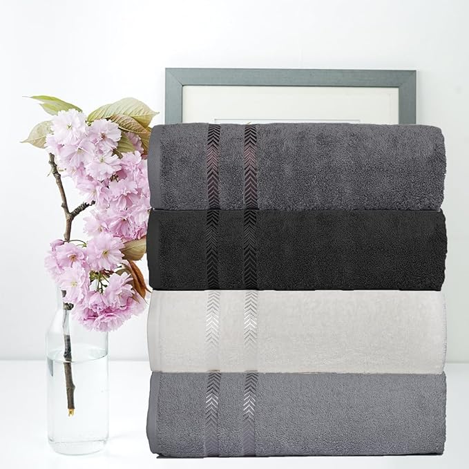 CASA COPENHAGEN Ember, 500 GSM, 27x55 Inches Large Bath Towels, Set of 4 Towels, Super Soft and Absorbent, Egyptian Cotton Towels for Bathroom & Shower - Light Grey +White +Black +Dark Grey-StrideForce Fitness