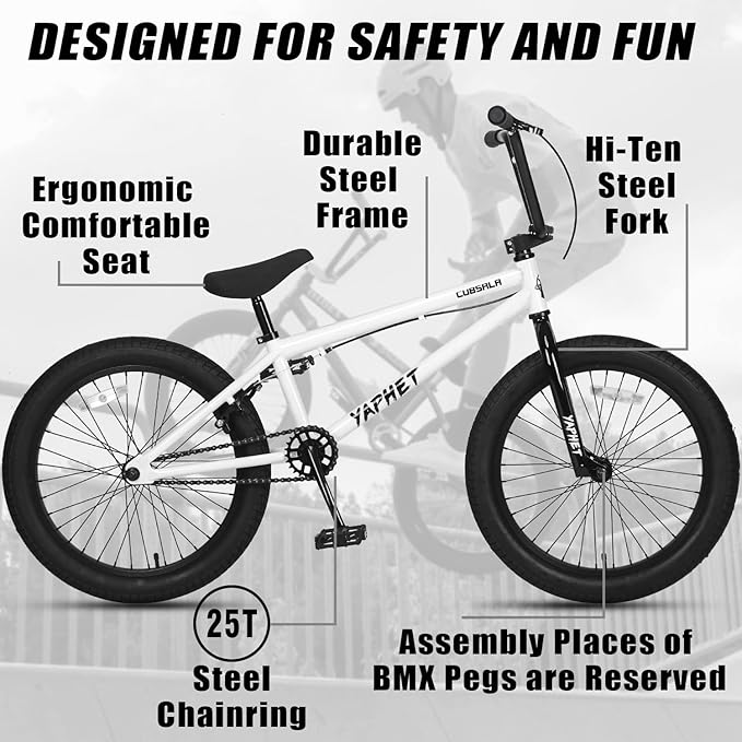 Freestyle BMX Bike, 20 Inch Yaphet Bicycle for Teen Beginner and Adult Riders, Bike with Hi-Ten Steel Frame, Multiple Colors-StrideForce Fitness