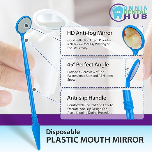 100 PCs Dental Grade Disposable Dental Mouth Mirrors with Spatula Handle by Omnia ONE | Fog-Free, Dual-Purpose Design – Clear Visibility & Tongue Retraction – Ideal for Exams & Procedures