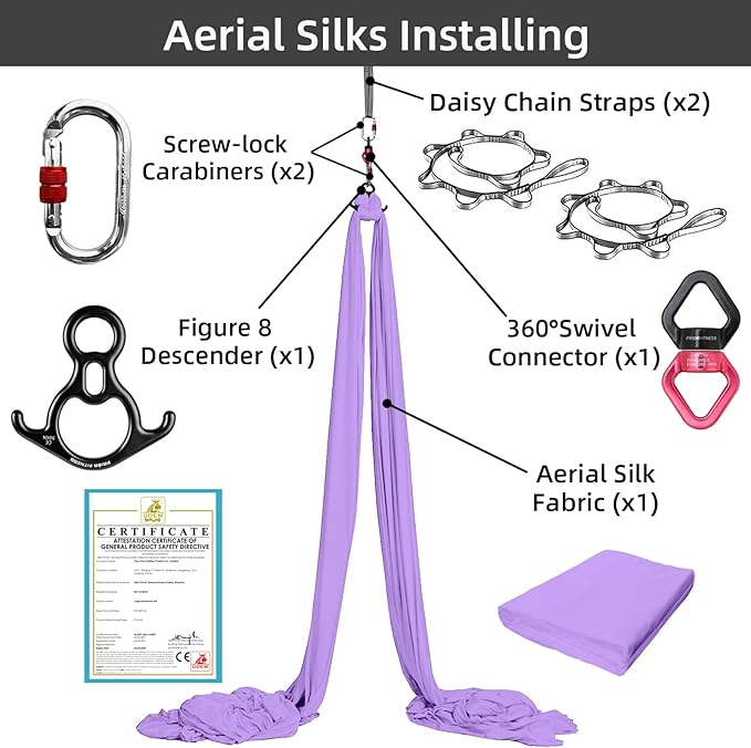 PRIOR FITNESS Aerial Silks Kit Colorful 9/15/20 Yards 40D Nylon Fabric Hammock Set With Hardware & Guide for All Levels Of Aerial Yoga Practice and Acrobatic Flying For Adults Aerial silk-StrideForce Fitness