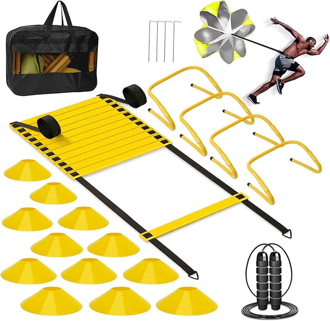 Agility Ladder, Soccer Training Equipment Set, 4 Agility Hurdles, 20ft Speed Ladder, Running Parachute, 12 Football Cones, Jump Rope | Soccer Basketball Athletes Speed Training-StrideForce Fitness